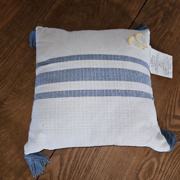 New Set of 2 White & Navy Striped Pillows | Soft Polyester Square Decor - Picture 2 of 5